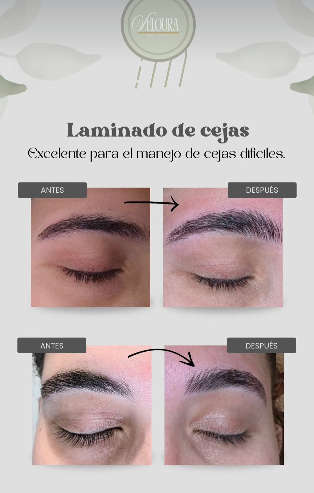 Laminado de cejas — antes y después reales de Veloura