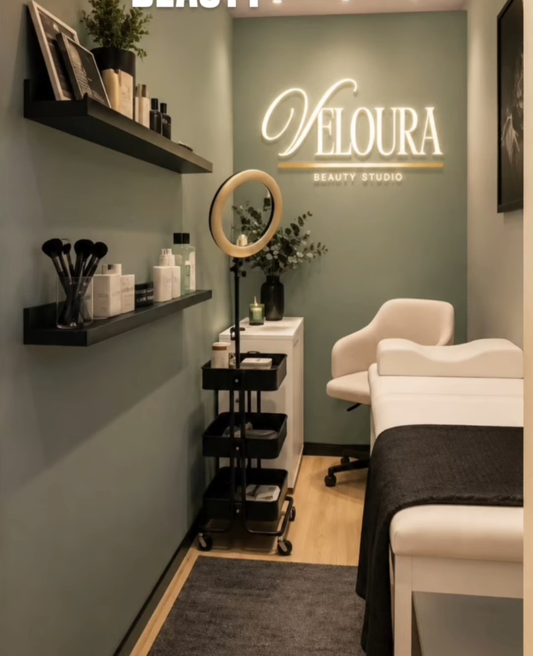 Espacio interior de Veloura Beauty Studio con letrero iluminado